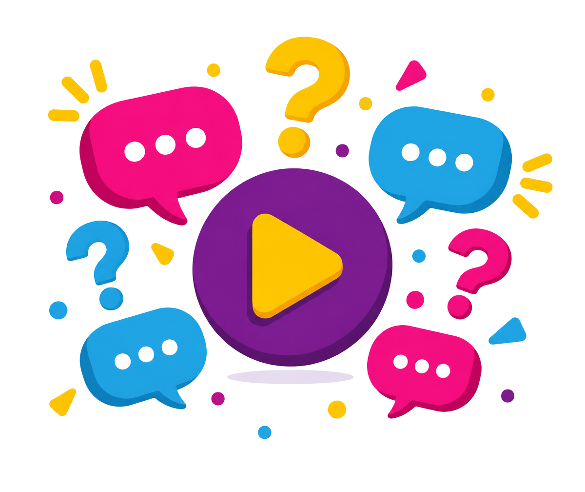 Chat bubbles and question marks around a video play button